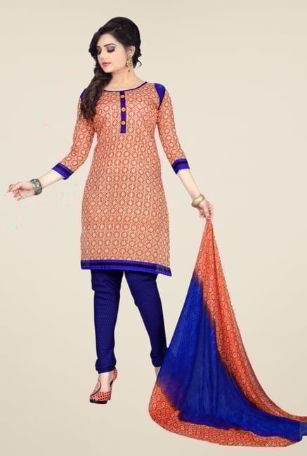 Triveni Orange & Blue Printed Dress Material Triveni Orange & Blue Printed Dress Material