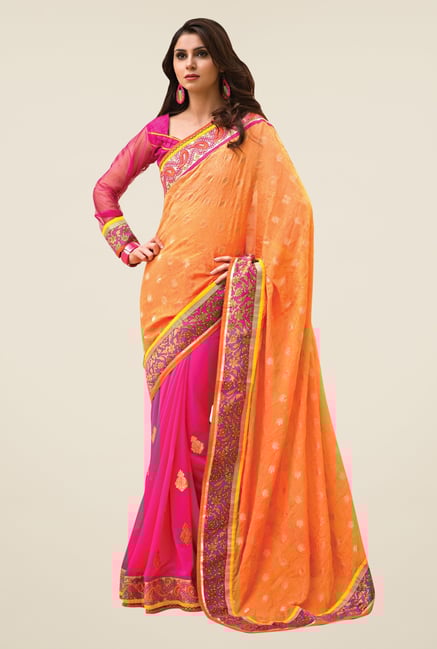 Triveni Pink & Peach Printed Faux Georgette Saree Triveni Pink & Peach Printed Faux Georgette Saree