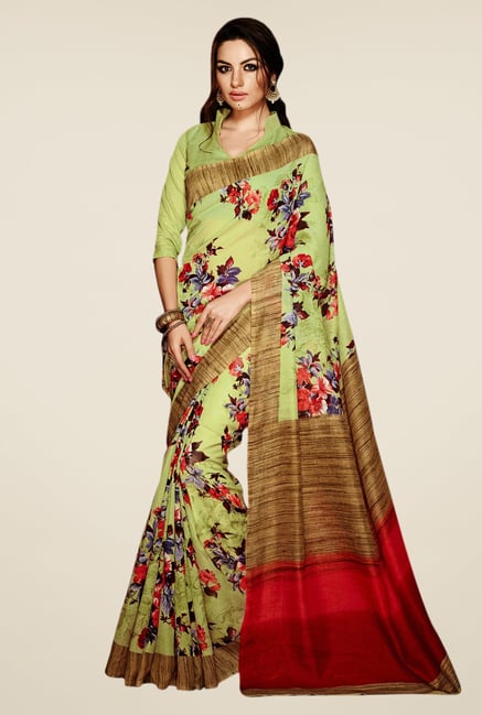 Triveni Green Floral Print Art Silk Saree Triveni Green Floral Print Art Silk Saree