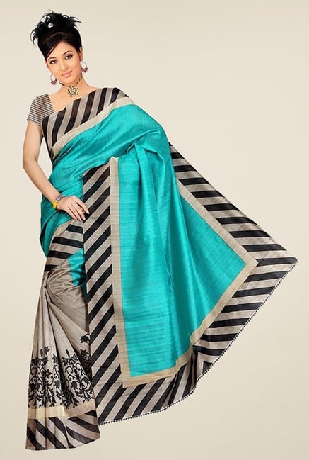 Triveni Grey & Turquoise Printed Art Silk Saree Triveni Grey & Turquoise Printed Art Silk Saree
