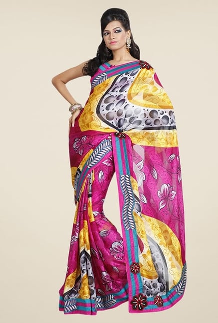 Triveni Magenta & Yellow Printed Faux Georgette Saree Triveni Magenta & Yellow Printed Faux Georgette Saree