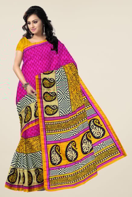 Triveni Magenta & Yellow Printed Art Silk Saree Triveni Magenta & Yellow Printed Art Silk Saree