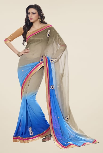 Triveni Blue & Dark Beige Embroidered Faux Georgette Saree Triveni Blue & Dark Beige Embroidered Faux Georgette Saree