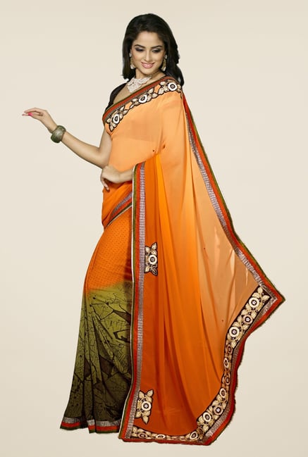 Triveni Orange & Green Printed Faux Georgette Saree Triveni Orange & Green Printed Faux Georgette Saree