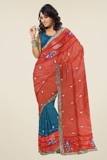 Triveni Blue & Orange Embroidered Faux Georgette Saree Triveni Blue & Orange Embroidered Faux Georgette Saree