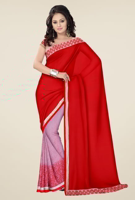 Triveni Pink & Red Printed Faux Georgette & Chiffon Saree Triveni Pink & Red Printed Faux Georgette & Chiffon Saree