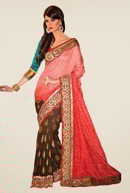 Triveni Brown & Red Printed Jacquard & Faux Georgette Saree Triveni Brown & Red Printed Jacquard & Faux Georgette Saree