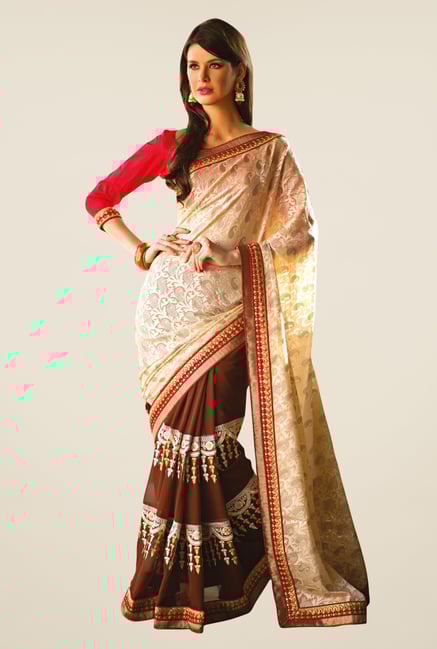 Triveni Brown & Beige Printed Faux Georgette Saree Triveni Brown & Beige Printed Faux Georgette Saree