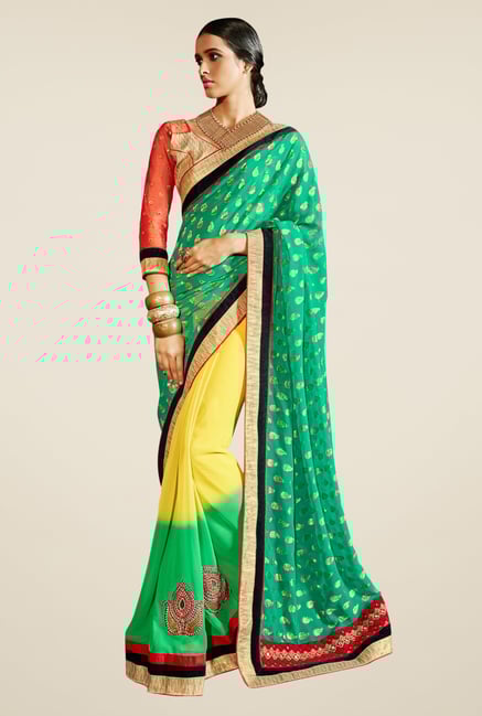 Triveni Yellow & Green Embroidered Faux Georgette Saree Triveni Yellow & Green Embroidered Faux Georgette Saree
