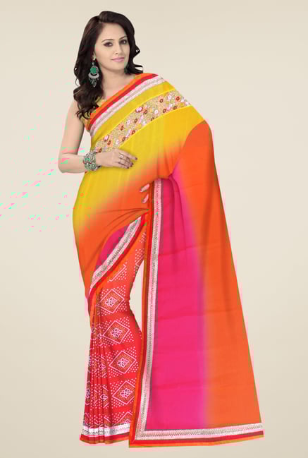 Triveni Orange & Yellow Bandhani Faux Georgette Saree Triveni Orange & Yellow Bandhani Faux Georgette Saree
