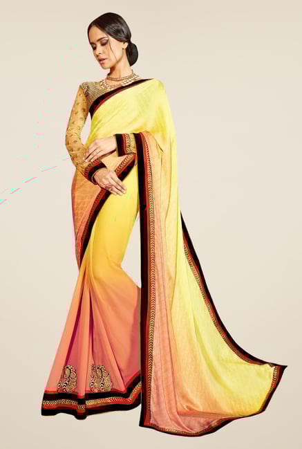 Triveni Yellow & Peach Embroidered Faux Georgette Saree Triveni Yellow & Peach Embroidered Faux Georgette Saree