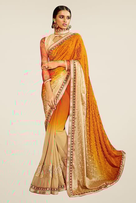 Triveni Beige & Mustard Embroidered Faux Georgette Saree Triveni Beige & Mustard Embroidered Faux Georgette Saree