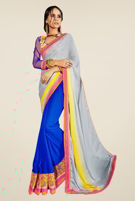 Triveni Blue & Grey Embroidered Faux Georgette Saree Triveni Blue & Grey Embroidered Faux Georgette Saree