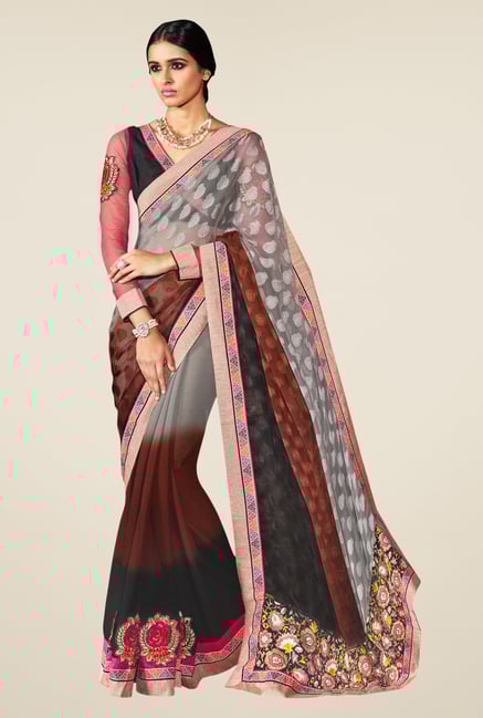 Triveni Brown & Grey Embroidered Faux Georgette Saree Triveni Brown & Grey Embroidered Faux Georgette Saree