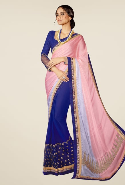 Triveni Blue & Pink Embroidered Faux Georgette Saree Triveni Blue & Pink Embroidered Faux Georgette Saree
