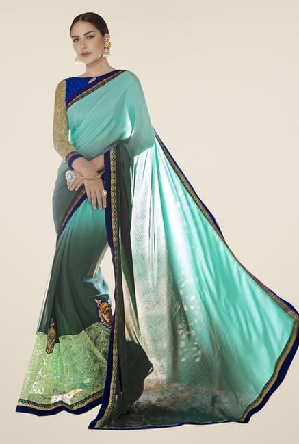 Triveni Grey & Turquoise Embroidered Satin Saree Triveni Grey & Turquoise Embroidered Satin Saree