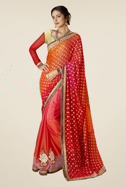 Triveni Red & Pink Embroidered Chiffon Saree Triveni Red & Pink Embroidered Chiffon Saree
