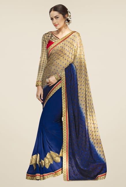 Triveni Navy & Beige Embroidered Faux Georgette Saree Triveni Navy & Beige Embroidered Faux Georgette Saree
