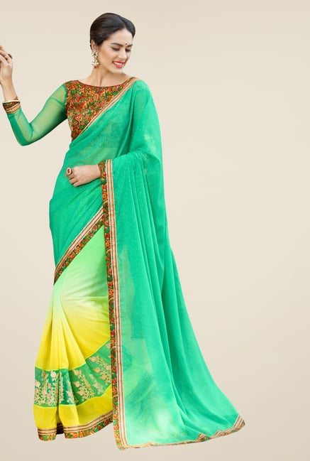 Triveni Green & Yellow Embroidered Faux Georgette Saree Triveni Green & Yellow Embroidered Faux Georgette Saree