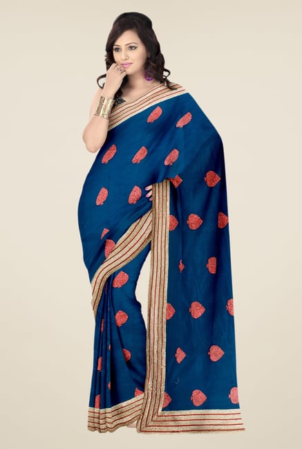 Triveni Dark Blue Embroidered Net Art Silk & Shimmer Saree Triveni Dark Blue Embroidered Net Art Silk & Shimmer Saree