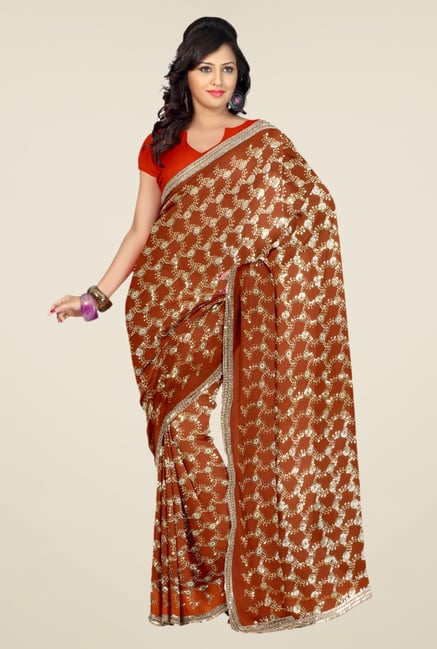 Triveni Brown Embroidered Faux Georgette Saree Triveni Brown Embroidered Faux Georgette Saree