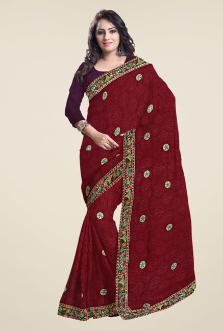 Triveni Maroon Bandhani Faux Georgette Saree Triveni Maroon Bandhani Faux Georgette Saree