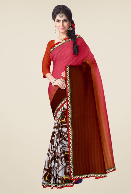 Triveni Off White & Brown Printed Faux Georgette Saree Triveni Off White & Brown Printed Faux Georgette Saree
