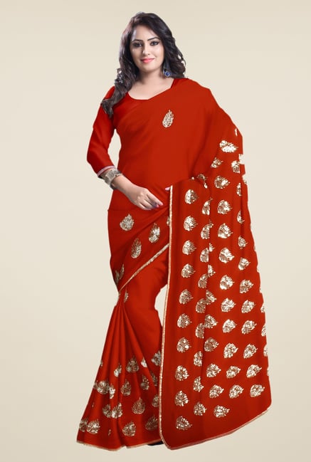 Triveni Rust Embroidered Faux Georgette Saree Triveni Rust Embroidered Faux Georgette Saree
