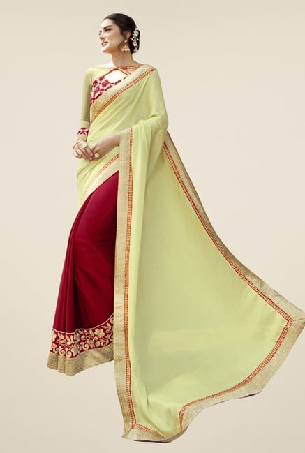 Triveni Maroon & Yellow Embroidered Chiffon Saree Triveni Maroon & Yellow Embroidered Chiffon Saree