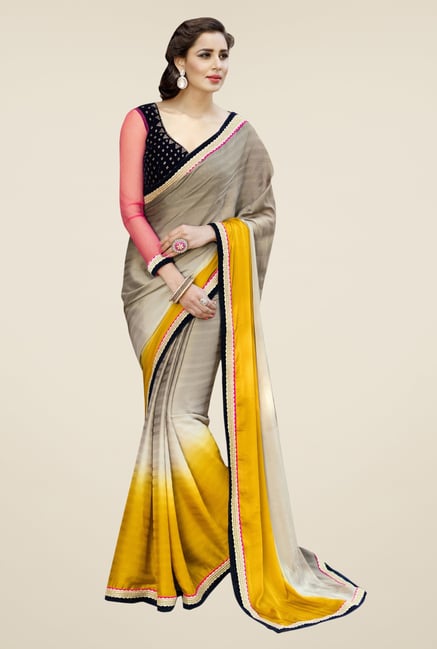 Triveni Grey & Yellow Striped Faux Georgette Saree Triveni Grey & Yellow Striped Faux Georgette Saree