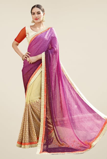 Triveni Beige & Purple Embroidered Faux Georgette Saree Triveni Beige & Purple Embroidered Faux Georgette Saree