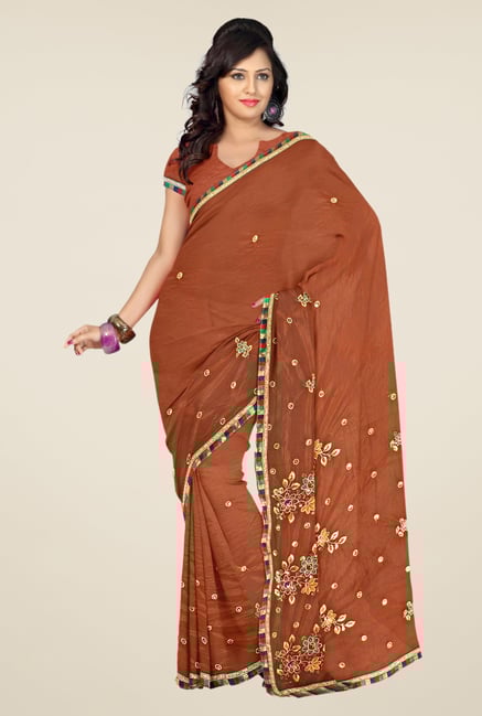 Triveni Brown Embroidered Net Saree Triveni Brown Embroidered Net Saree
