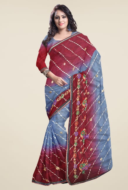 Triveni Grey & Maroon Embroidered Net Saree Triveni Grey & Maroon Embroidered Net Saree