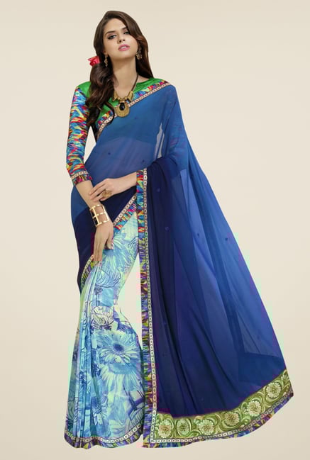 Triveni Sky Blue & Navy Floral Print Faux Georgette Saree Triveni Sky Blue & Navy Floral Print Faux Georgette Saree