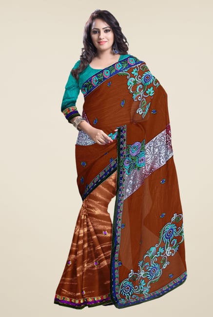 Triveni Brown Embroidered Net Saree Triveni Brown Embroidered Net Saree