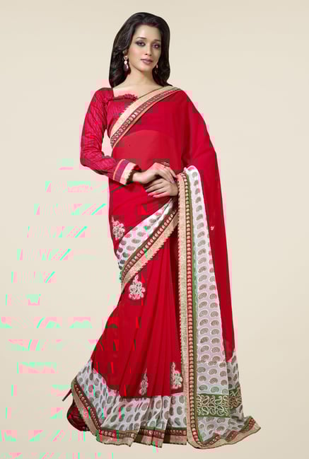 Triveni Red Embroidered Faux Georgette & Brasso Saree Triveni Red Embroidered Faux Georgette & Brasso Saree