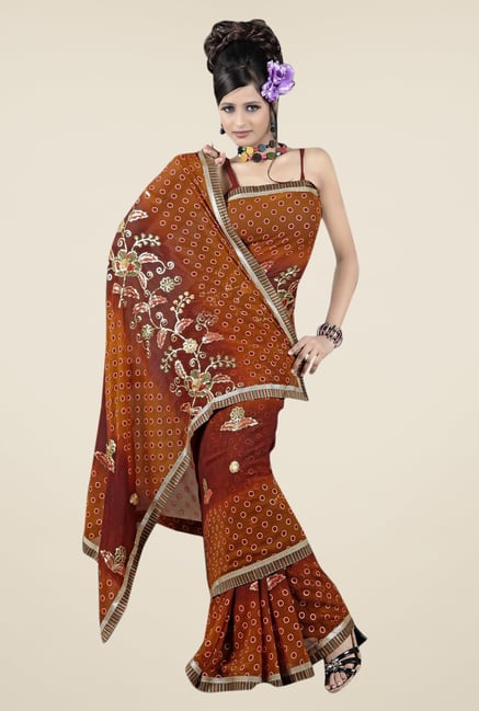 Triveni Brown Embroidered Faux Georgette Saree Triveni Brown Embroidered Faux Georgette Saree