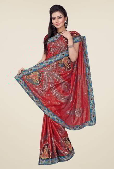 Triveni Red Embroidered Faux Georgette Saree Triveni Red Embroidered Faux Georgette Saree