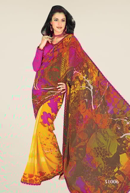 Triveni Yellow & Purple Printed Faux Georgette Saree Triveni Yellow & Purple Printed Faux Georgette Saree