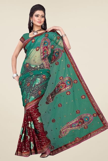Triveni Maroon & Green Embroidered Faux Georgette Saree Triveni Maroon & Green Embroidered Faux Georgette Saree