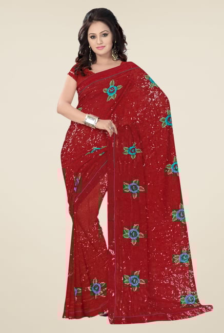Triveni Maroon Faux Embroidered Georgette Saree Triveni Maroon Faux Embroidered Georgette Saree