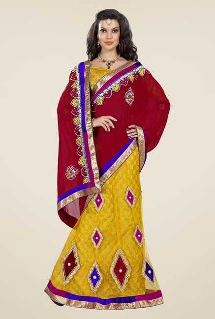 Triveni Yellow & Maroon Embroidered Lehenga Saree Triveni Yellow & Maroon Embroidered Lehenga Saree