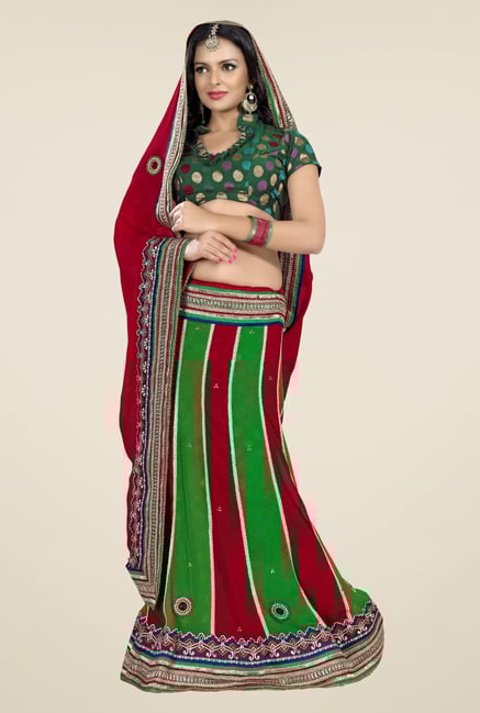 Triveni Green & Maroon Embroidered Lehenga Saree Triveni Green & Maroon Embroidered Lehenga Saree