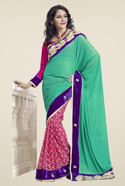 Triveni Pink & Green Embroidered Faux Georgette Saree Triveni Pink & Green Embroidered Faux Georgette Saree