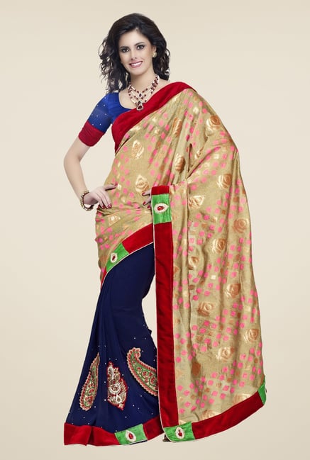 Triveni Navy & Beige Embroidered Faux Georgette Saree Triveni Navy & Beige Embroidered Faux Georgette Saree