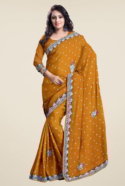Triveni Mustard Embroidered Faux Georgette Saree Triveni Mustard Embroidered Faux Georgette Saree