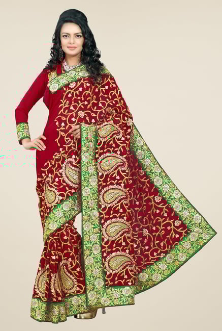 Triveni Maroon Embroidered Faux Georgette Saree Triveni Maroon Embroidered Faux Georgette Saree