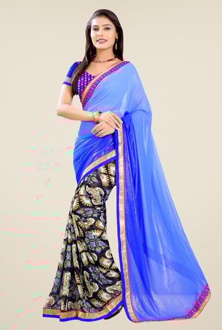Triveni Black & Blue Printed Faux Georgette & Shimmer Saree Triveni Black & Blue Printed Faux Georgette & Shimmer Saree