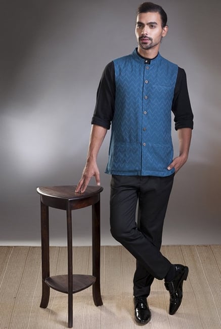 Fabindia Blue Chevron Print Nehru Jacket Fabindia Blue Chevron Print Nehru Jacket