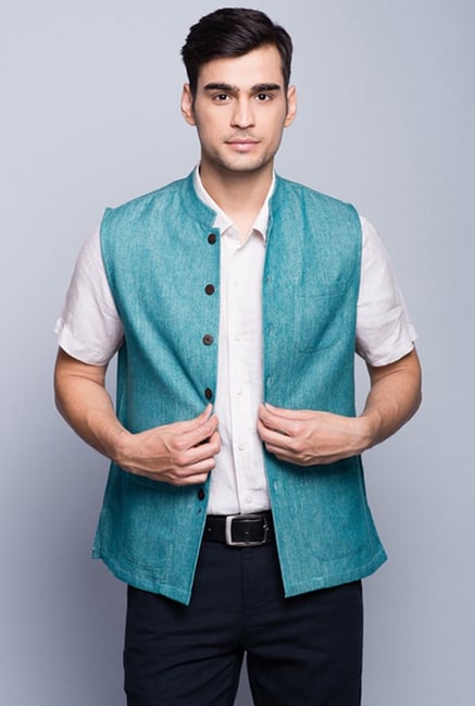 Fabindia Turquoise Solid Nehru Jacket Fabindia Turquoise Solid Nehru Jacket